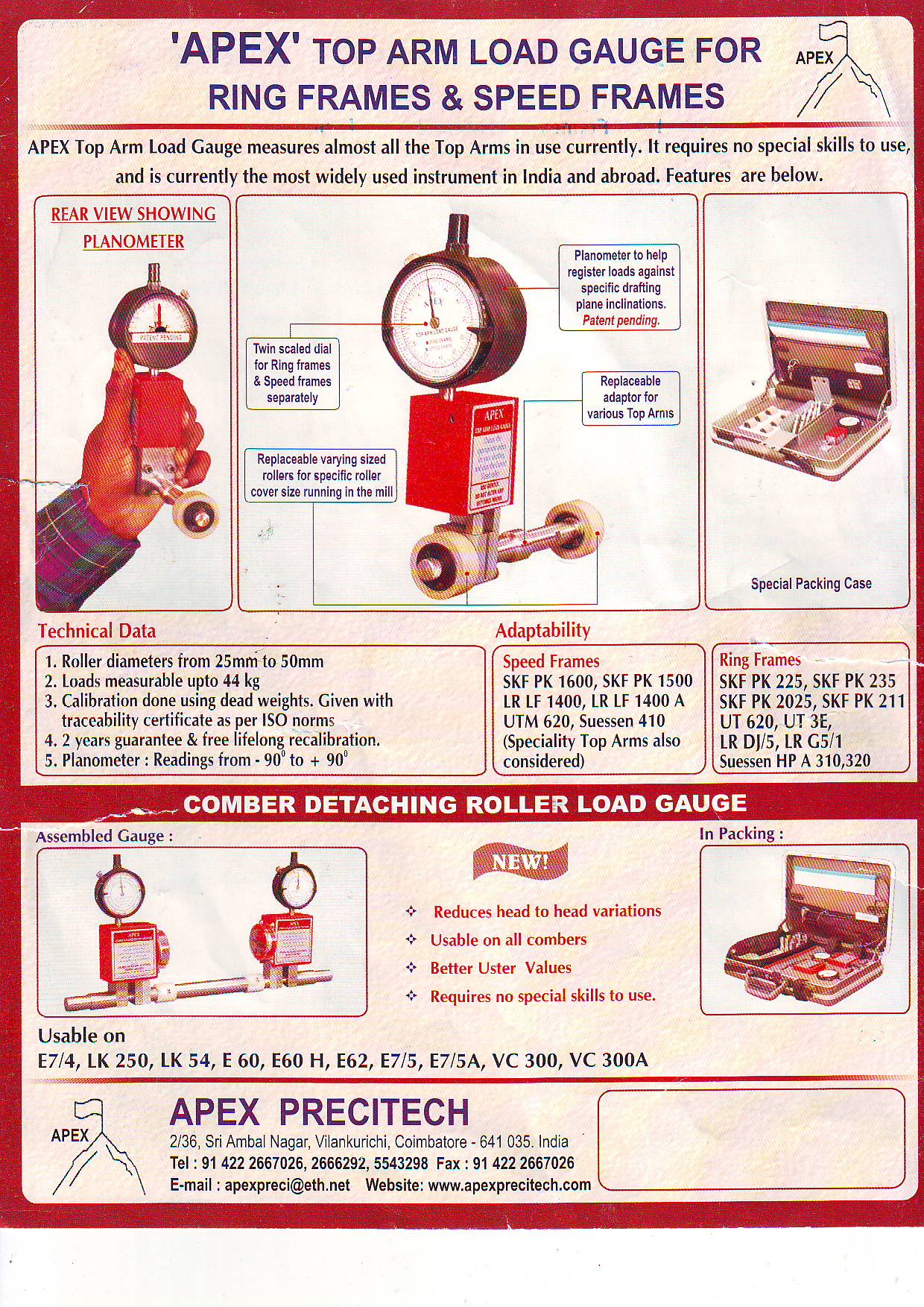 APEX TOP ARM LOAD GAUGE  FOR RING FRAMES & SPEED   FRAMES
