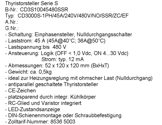 CD3S10045480SSR, Type CD3000S-1PH/45A/240V/480V/NO/SSR/ZC/EF 