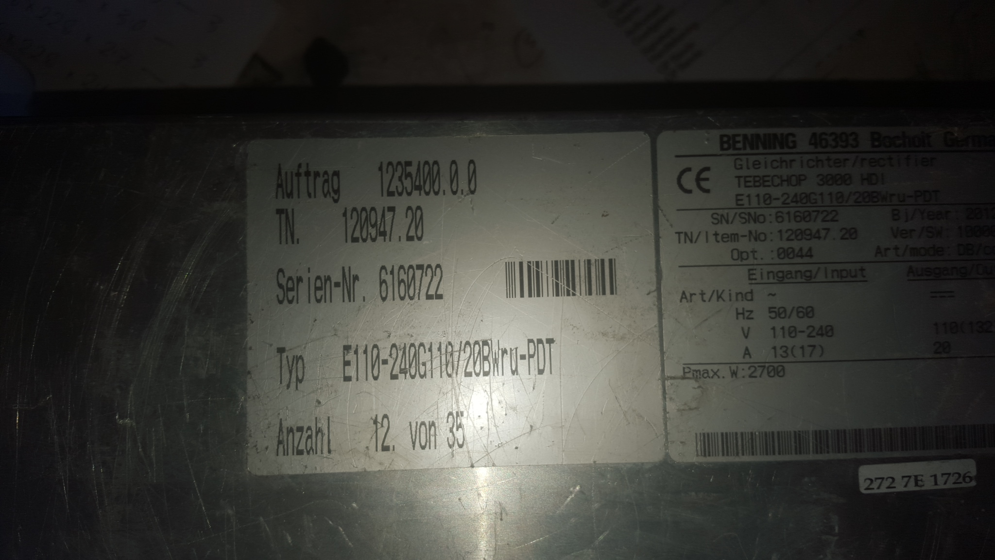 E110-240 G110 /20BWru-PDT (DIN bezeichnung), Product name TEBECHOP 3000 HDI 110V 20A THD 