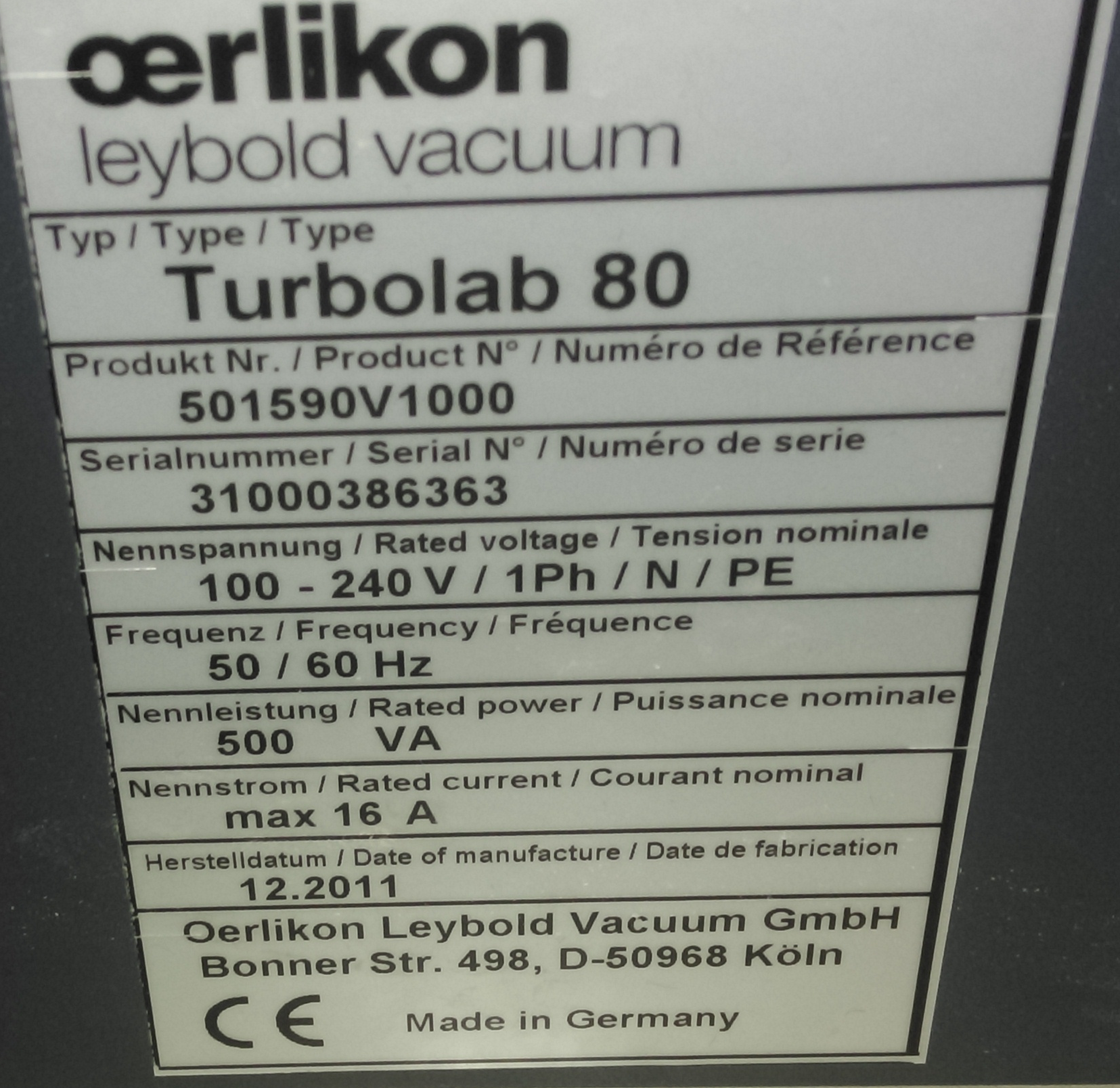 P/N:501590V1000  TYPE:Turbolab 80  S/N:31000386363