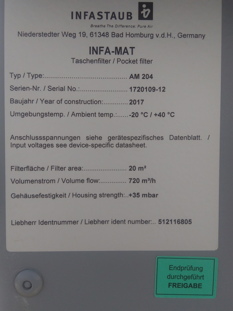 Filter element for INFA-MAT Typ:AM204, SN:1720109-12 