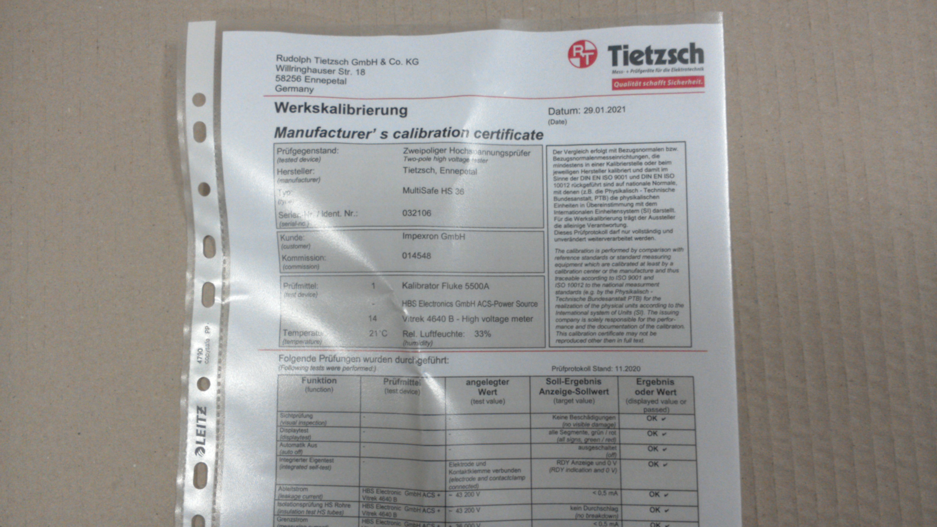 Calibration certificate for HS 36