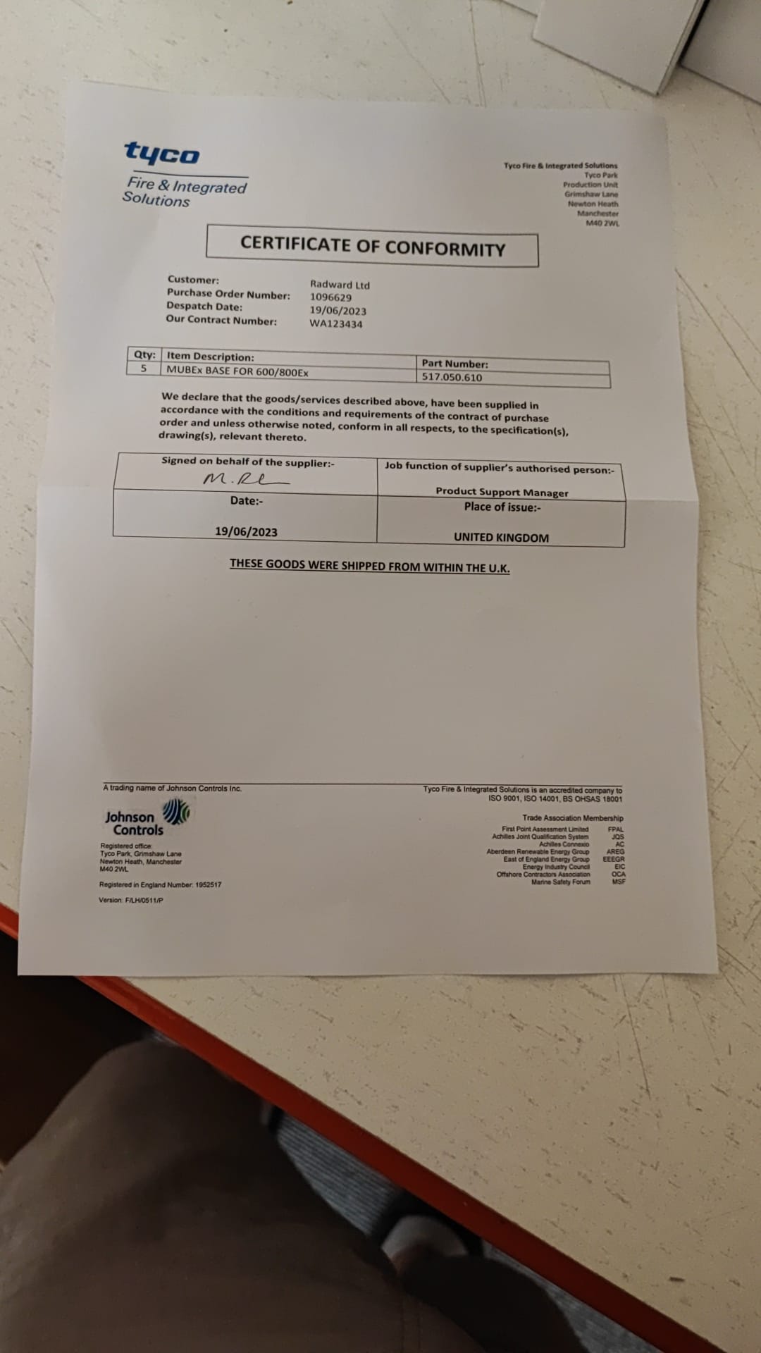 Certificate of Conformity for 517.050.610