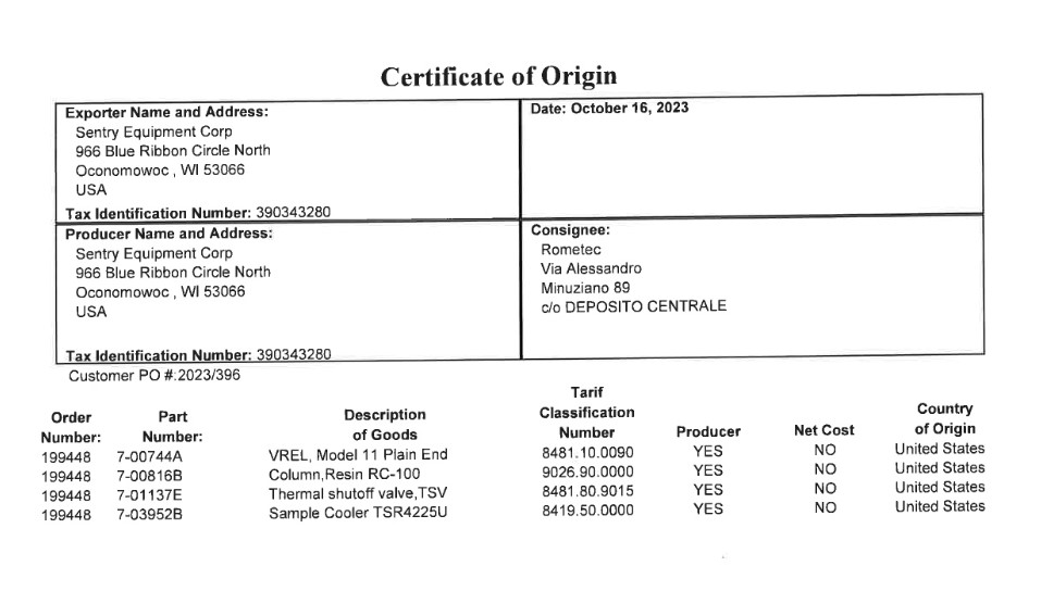 Certificate of Origin for 7-01137E