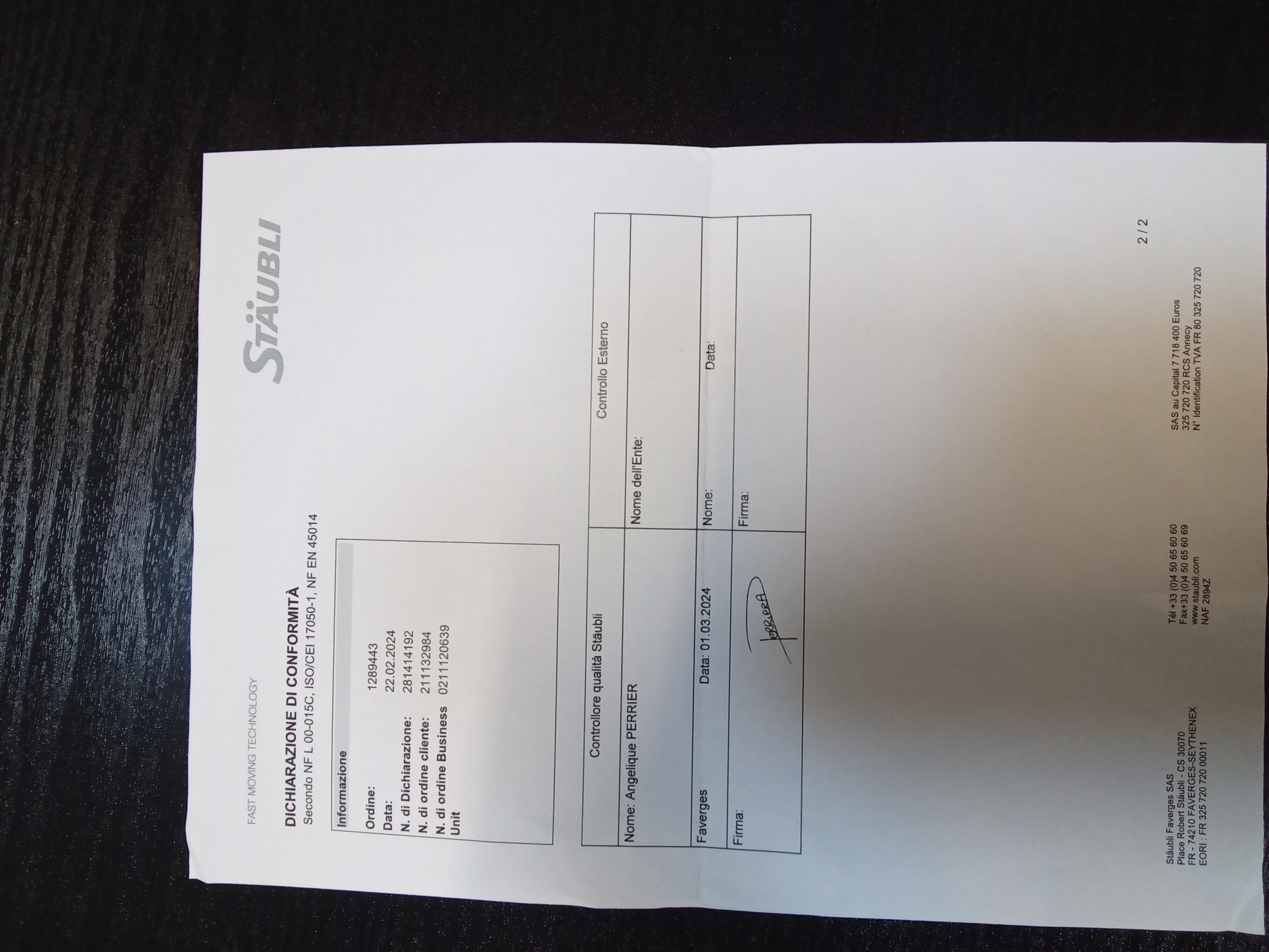 Certificate of conformity (RBE06.1252/IC/HPI)